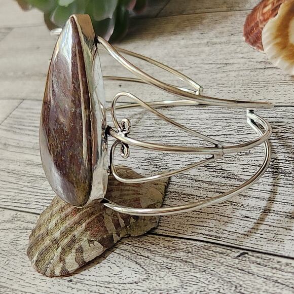 Blazing Flames Fire Jasper Silver Cuff Bracelet - Bold Statement Jewelry - Picture 5 of 10